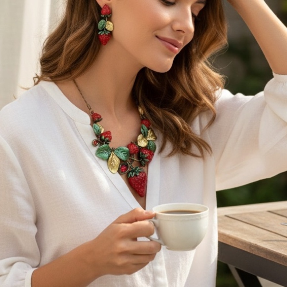 Vintage Vibrant Strawberry Necklace and Earring Set